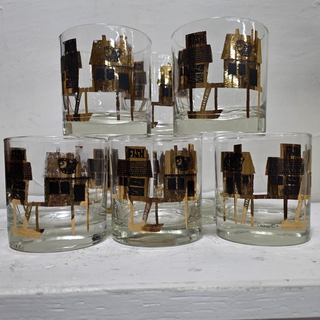 Couroc Monterey Fish Rocks Glasses Set of 8 with Tray, Mid Century Barware - 17
