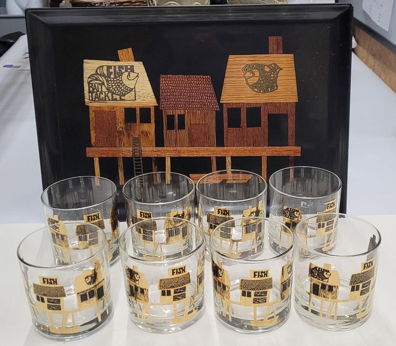 Couroc Monterey Fish Rocks Glasses Set of 8 with Tray, Mid Century Barware: A signed Couroc of Monterey phenolic resin fish tray with a complete set of eight matching gold-decorated rocks glasses — a collector-complete 1960s California mid-century barware set, still car