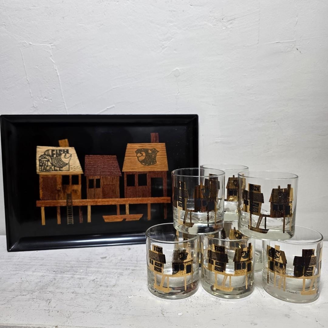 Couroc Monterey Fish Rocks Glasses Set of 8 with Tray, Mid Century Barware - 2