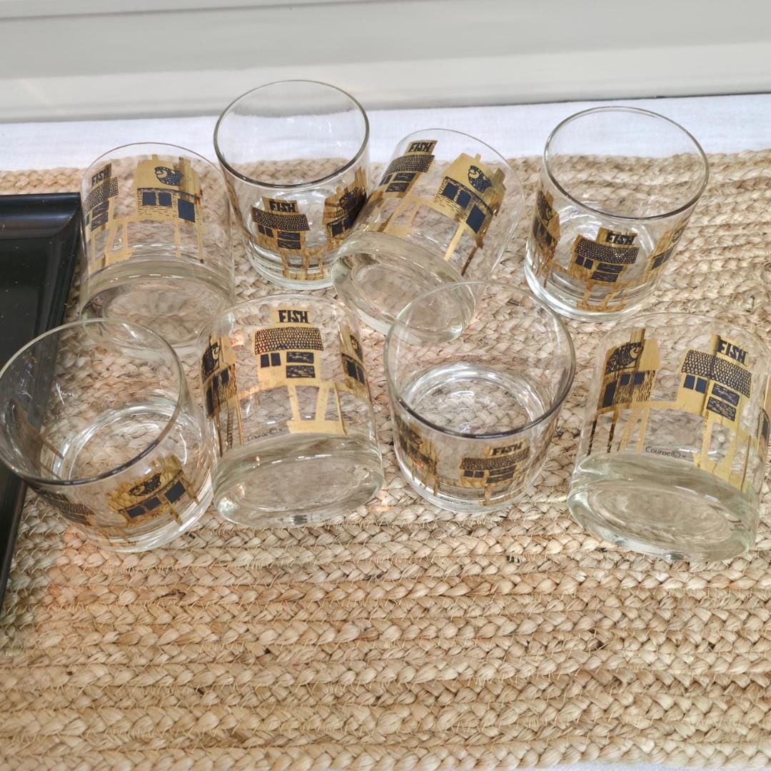Couroc Monterey Fish Rocks Glasses Set of 8 with Tray, Mid Century Barware - 3
