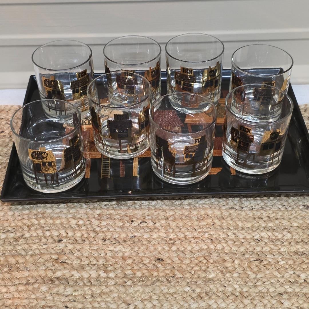 Couroc Monterey Fish Rocks Glasses Set of 8 with Tray, Mid Century Barware - 4
