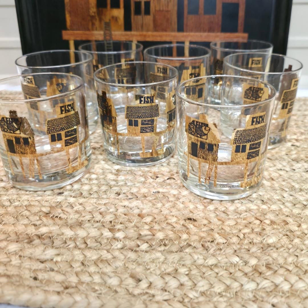 Couroc Monterey Fish Rocks Glasses Set of 8 with Tray, Mid Century Barware - 6