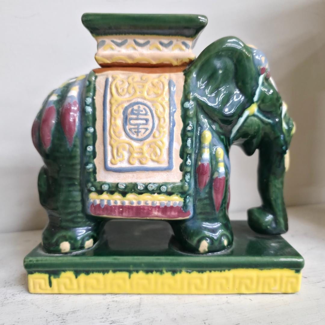 Vintage Chinoiserie Ceramic Elephant Planter Candle Holder, Green Glazed Pottery, Hollywood Regency - 2