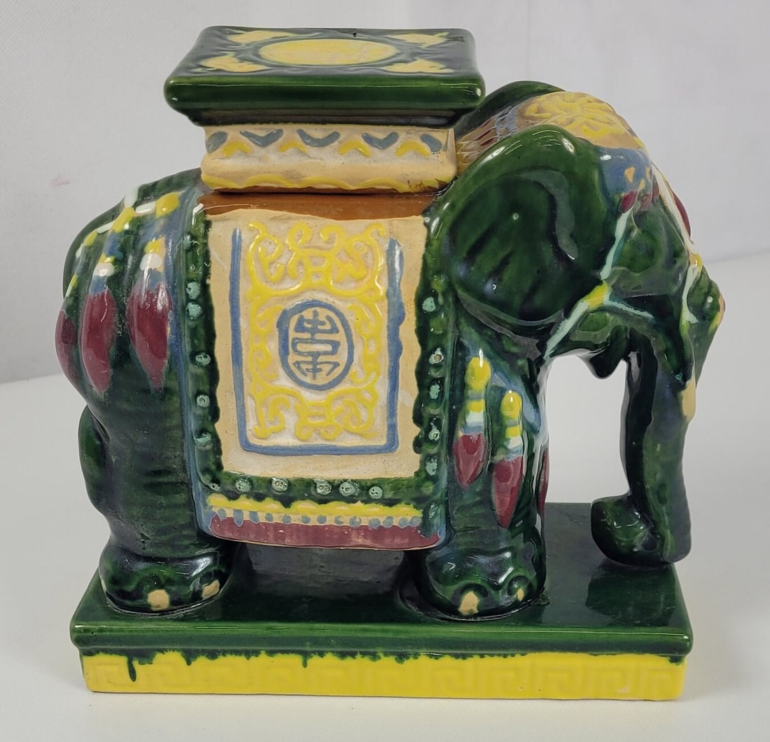 Vintage Chinoiserie Ceramic Elephant Planter Candle Holder, Green Glazed Pottery, Hollywood Regency - 4