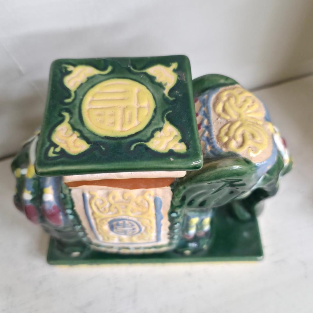 Vintage Chinoiserie Ceramic Elephant Planter Candle Holder, Green Glazed Pottery, Hollywood Regency - 9