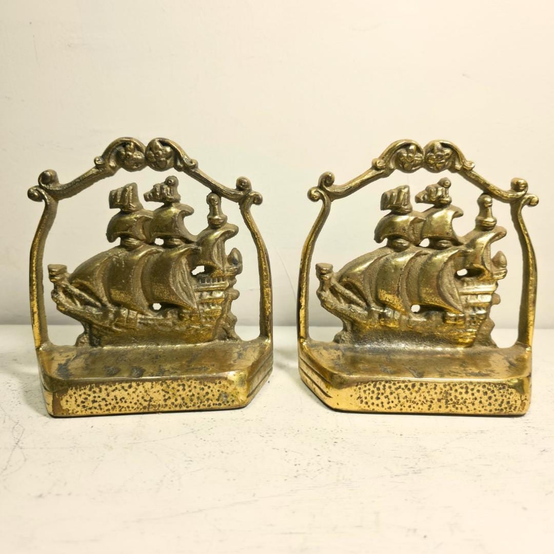 Vintage Brass Nautical Bookends Sailing Ship Spanish Galleon Decor - 2
