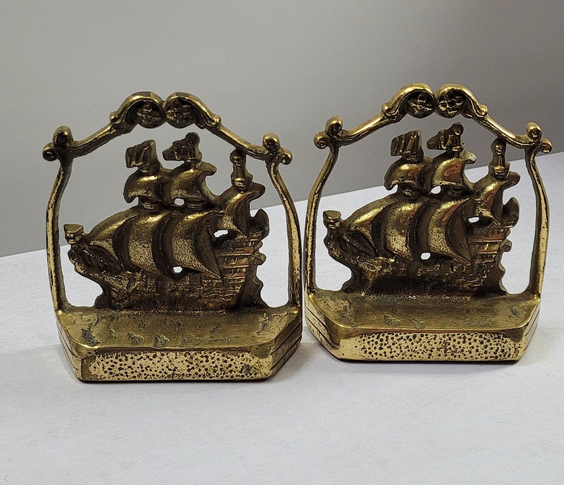 Vintage Brass Nautical Bookends Sailing Ship Spanish Galleon Decor - 7
