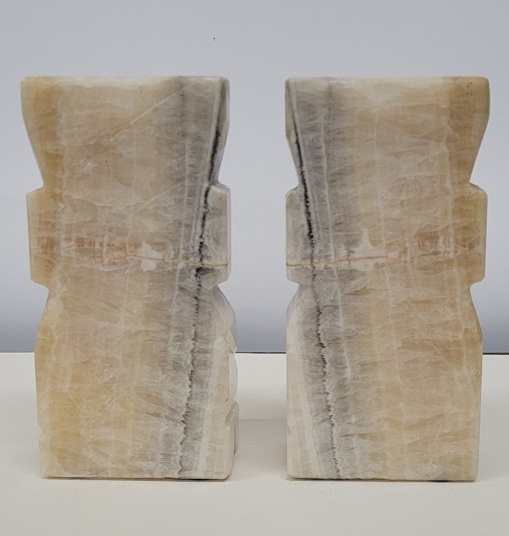 Vintage Large Tiki Man Marble Alabaster Bookends Bust Sculpture Book Holder - 5