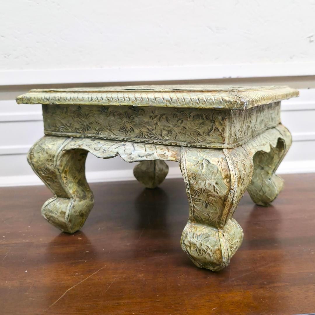 Vintage Brass Embossed Plant Stand, Indian Bajot Table, Floral Repoussé, 12" - 8