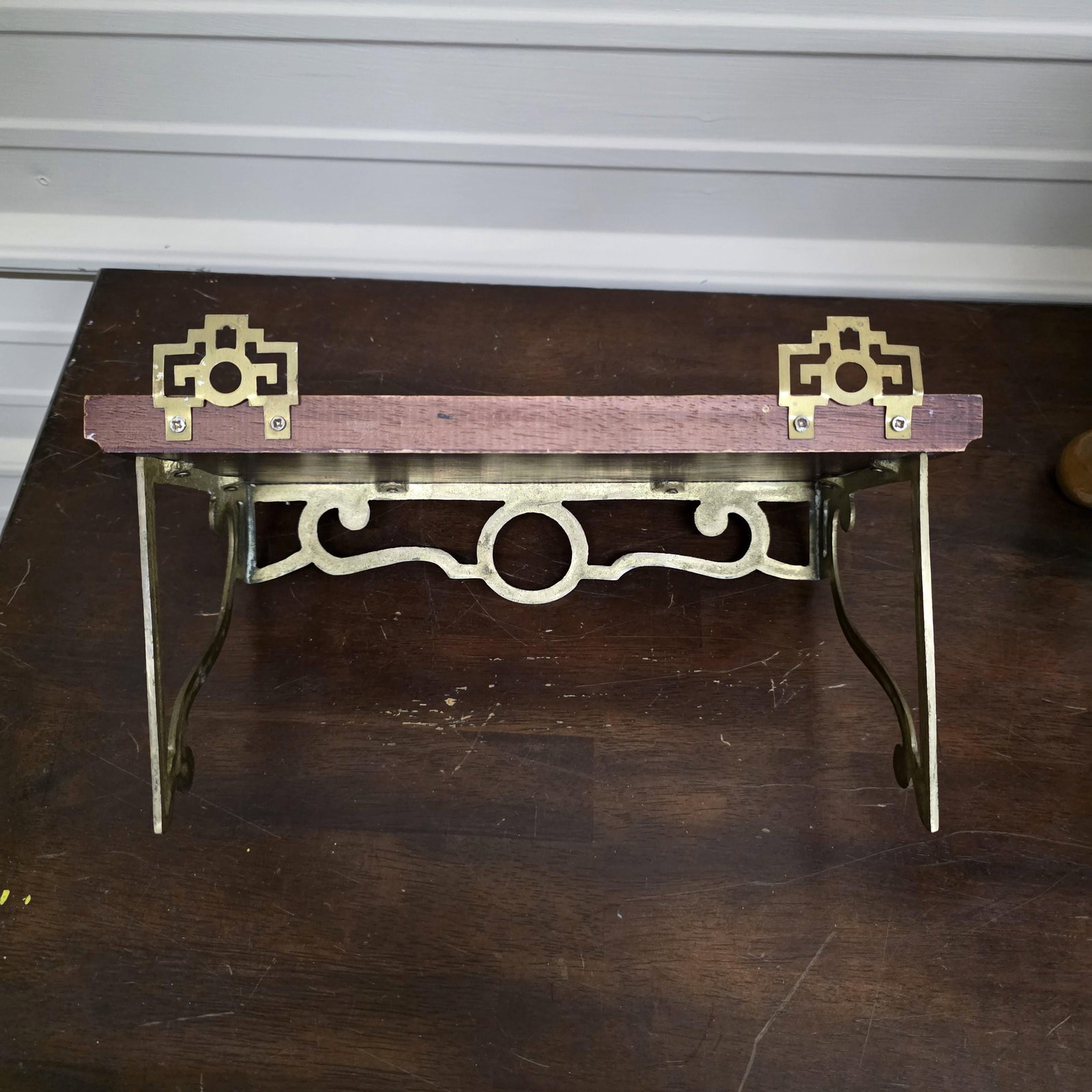 Vintage Brass Wall Shelf with Wood Top, Small Mounted Display Shelf, Hollywood Regency Accent - 10