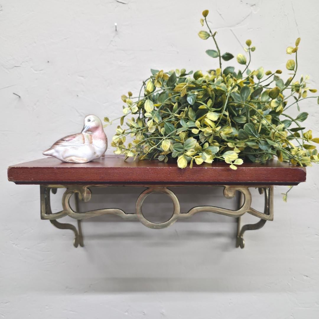 Vintage Brass Wall Shelf with Wood Top, Small Mounted Display Shelf, Hollywood Regency Accent: Small vintage brass wall shelf with wood top—perfect for petite décor moments and gallery styling. Free shipping. Perfect for small spaces where you want warm brass + rich wood without addi