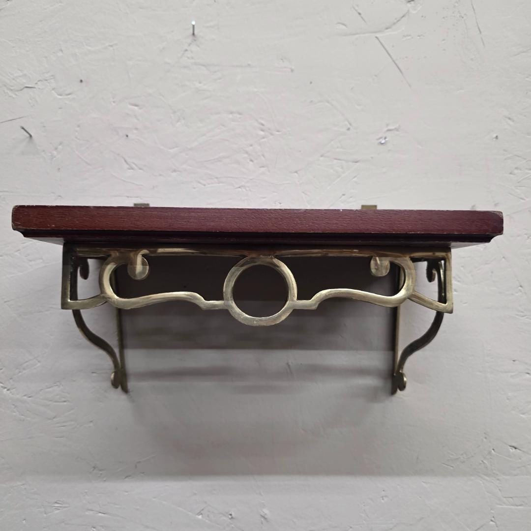 Vintage Brass Wall Shelf with Wood Top, Small Mounted Display Shelf, Hollywood Regency Accent - 2
