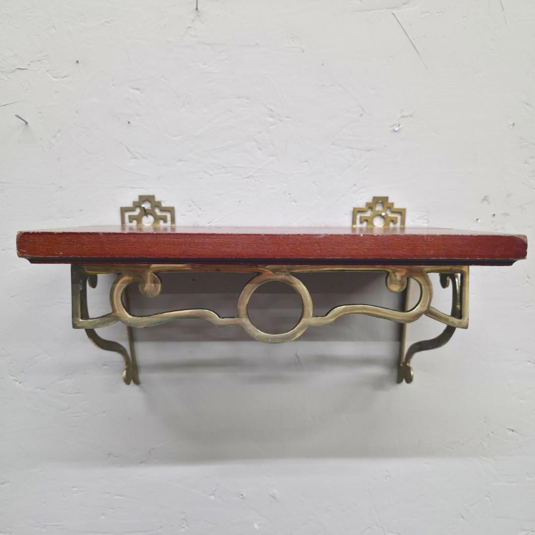 Vintage Brass Wall Shelf with Wood Top, Small Mounted Display Shelf, Hollywood Regency Accent - 3