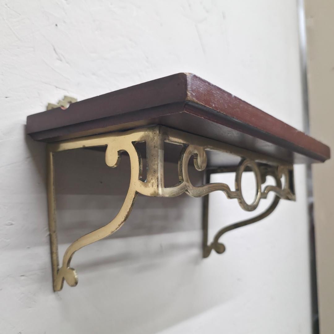 Vintage Brass Wall Shelf with Wood Top, Small Mounted Display Shelf, Hollywood Regency Accent - 4