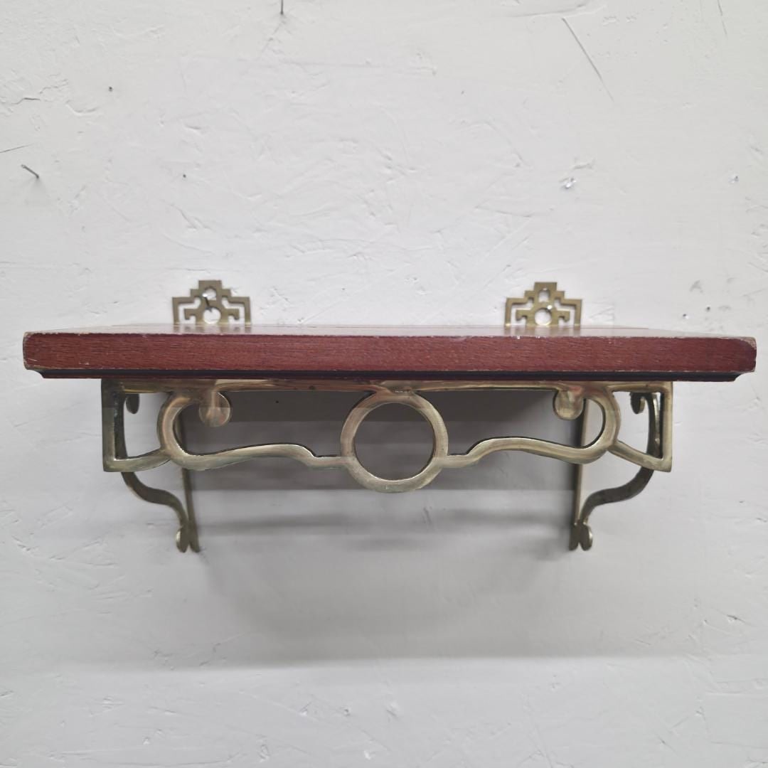 Vintage Brass Wall Shelf with Wood Top, Small Mounted Display Shelf, Hollywood Regency Accent - 5