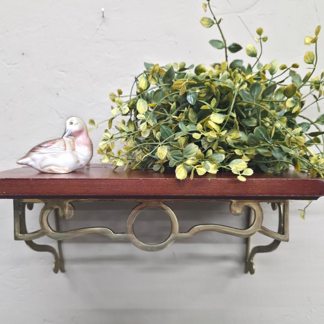 Vintage Brass Wall Shelf with Wood Top, Small Mounted Display Shelf, Hollywood Regency Accent - 8
