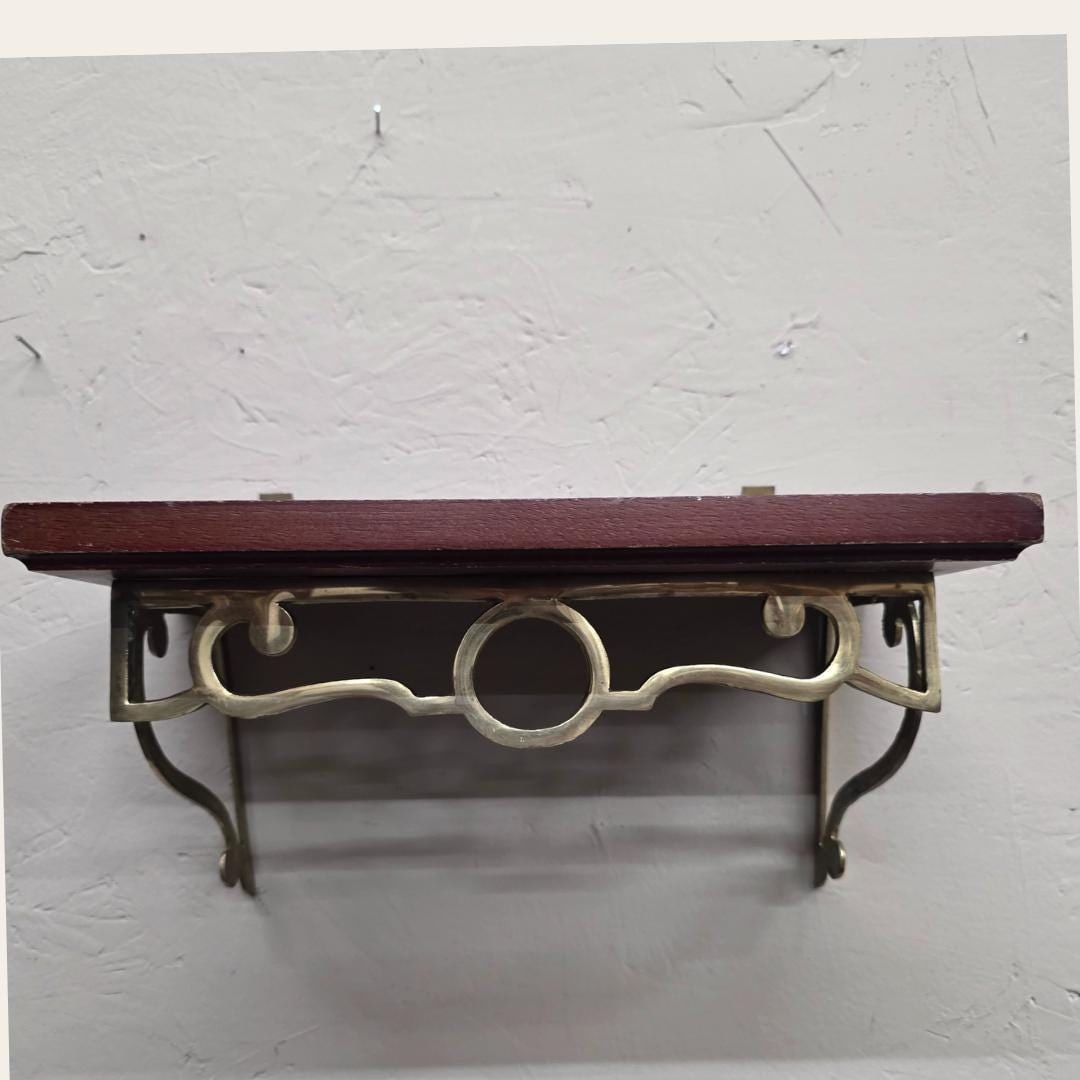 Vintage Brass Wall Shelf with Wood Top, Small Mounted Display Shelf, Hollywood Regency Accent - 9
