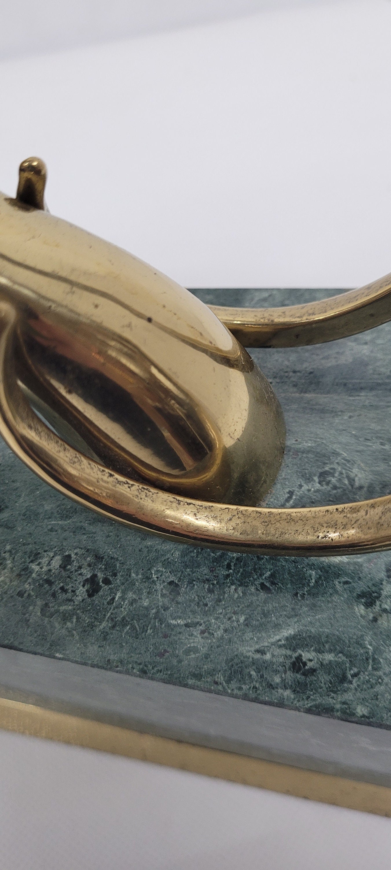 Vintage Brass Ram Head Sculpture, Green Marble Base Hollywood Regency Decor - 2