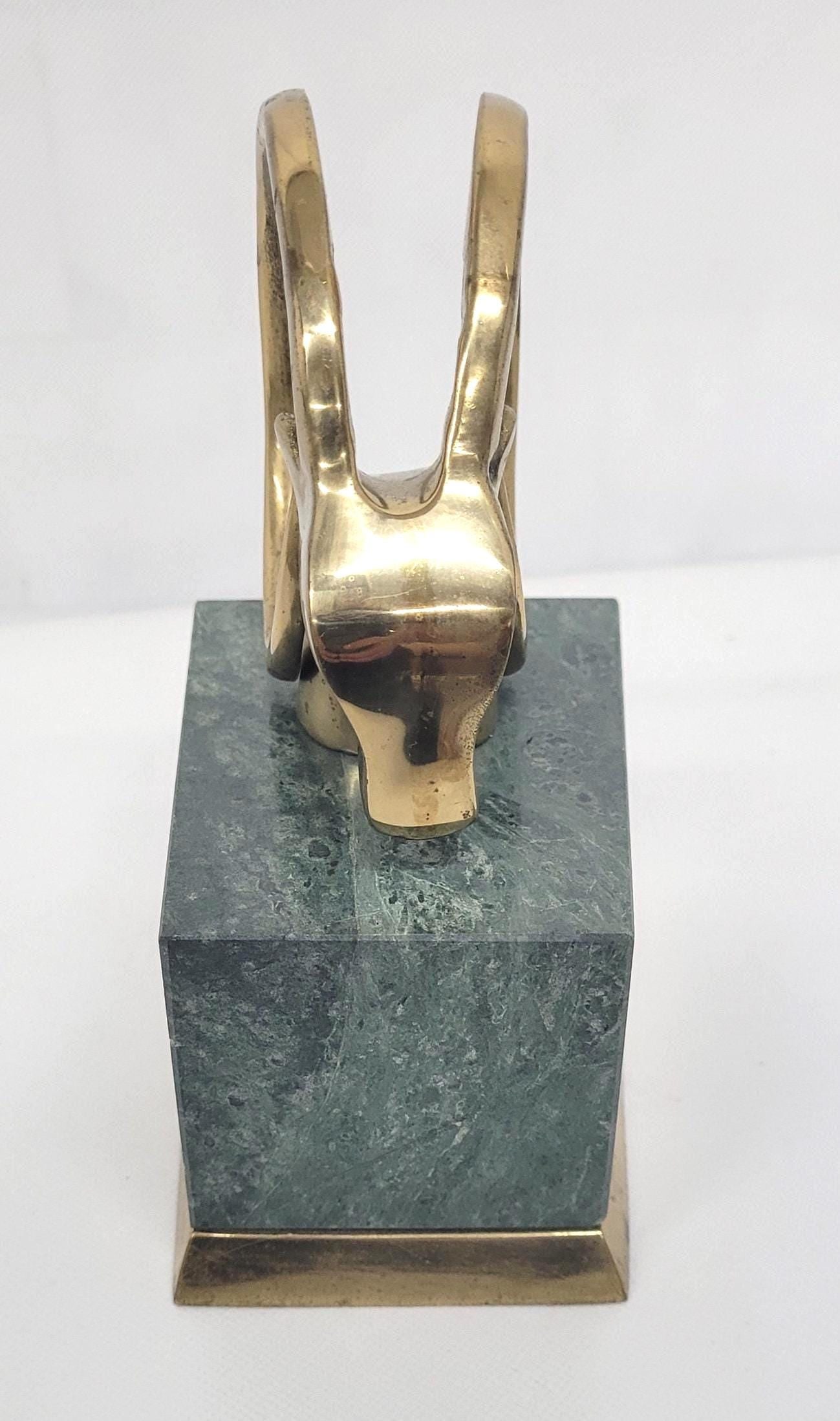Vintage Brass Ram Head Sculpture, Green Marble Base Hollywood Regency Decor - 3