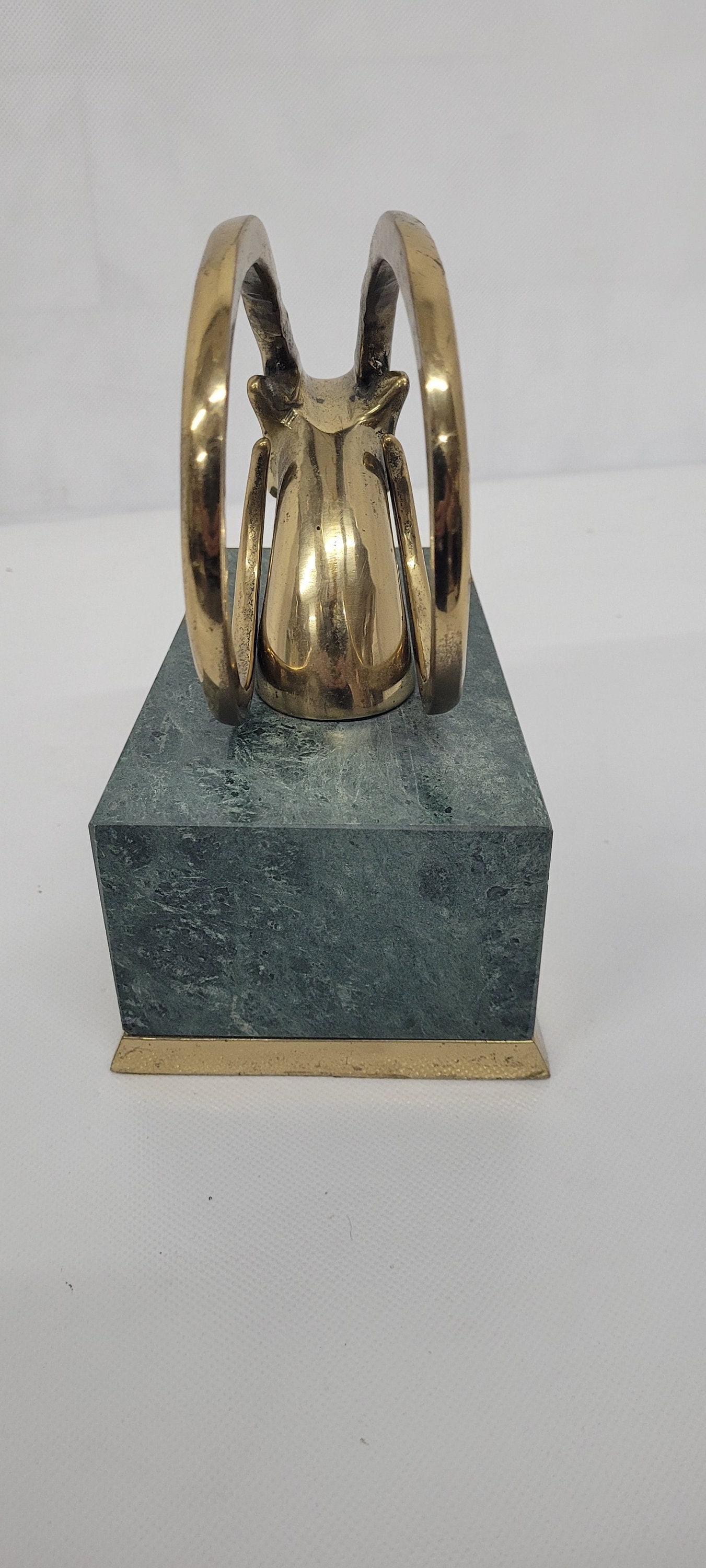 Vintage Brass Ram Head Sculpture, Green Marble Base Hollywood Regency Decor - 5