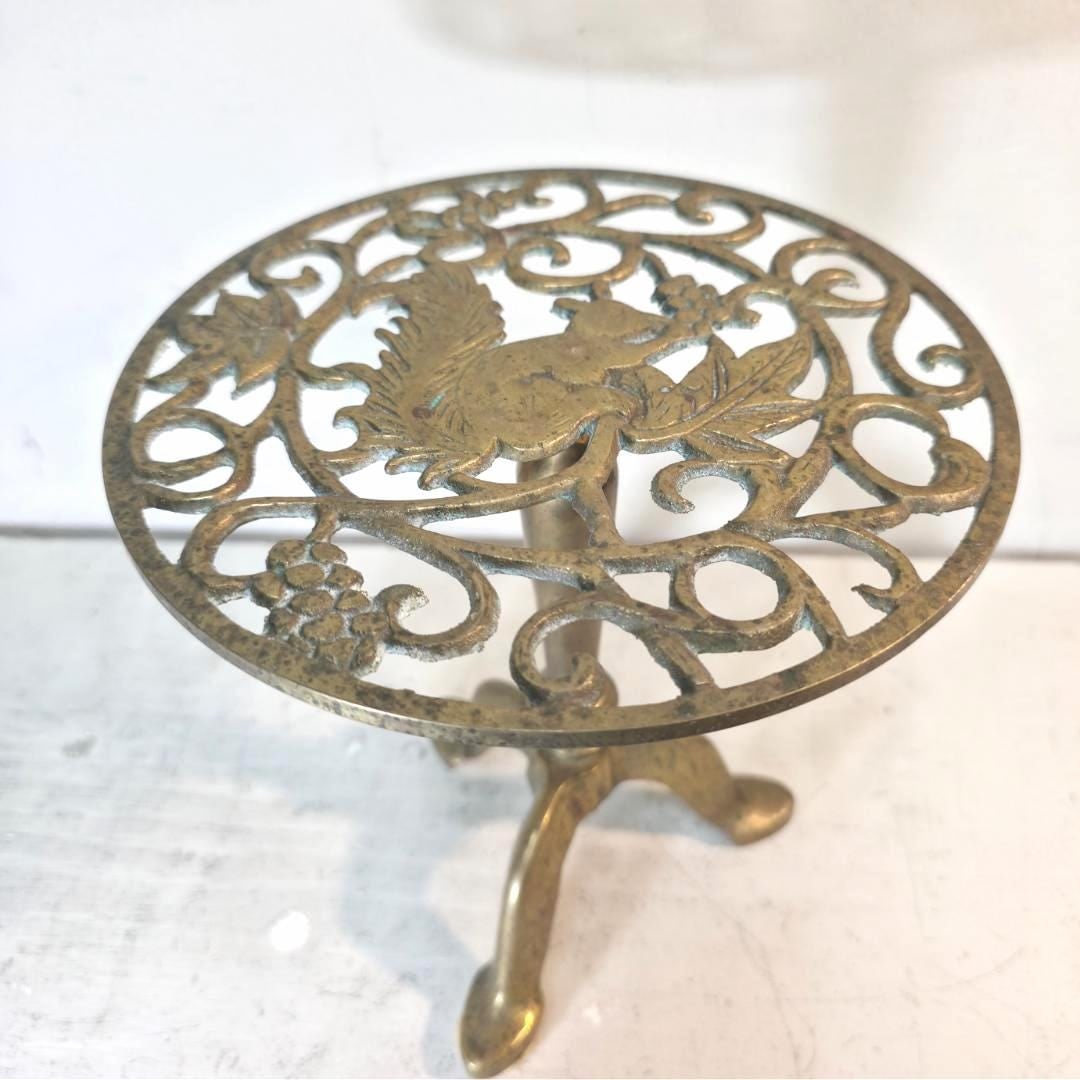 Vintage Brass Riser Plant Holder Squirrel Motif Stand, Store Display English Cottage Victorian Style: Vintage cast brass decorative stand featuring a pierced circular tray with a squirrel and vine motif, raised on a graceful tripod base. The warm aged patina and woodland imagery give this piece instan