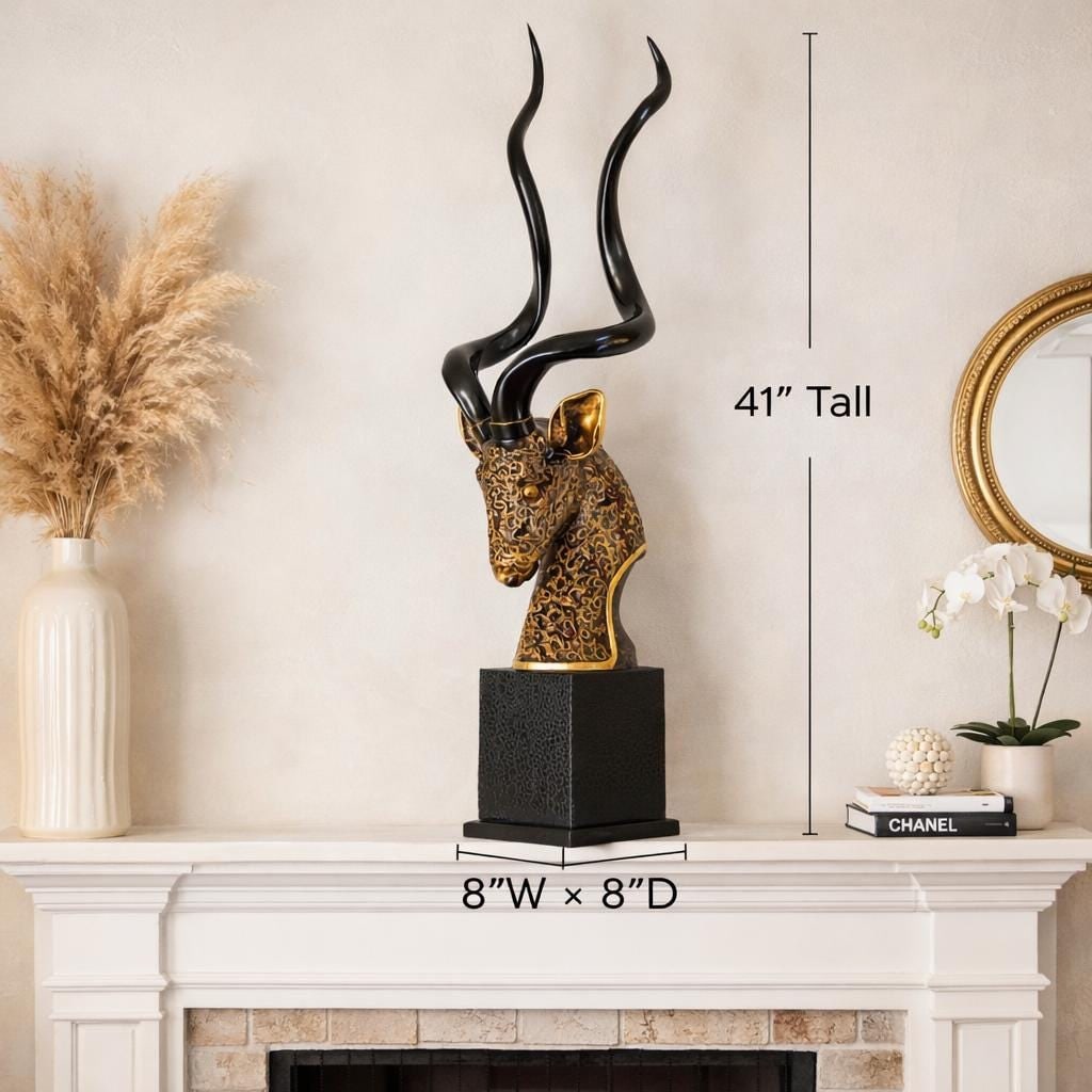 Large Antelope Bust Sculpture 41”, Gilded Animal Head, Safari Statement Decor, Floor Accent - 3