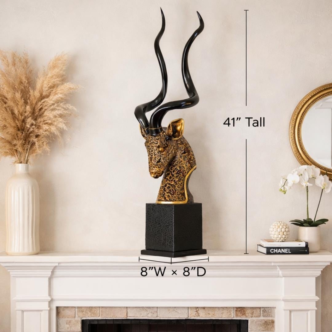 Large Antelope Bust Sculpture 41”, Gilded Animal Head, Safari Statement Decor, Floor Accent - 8