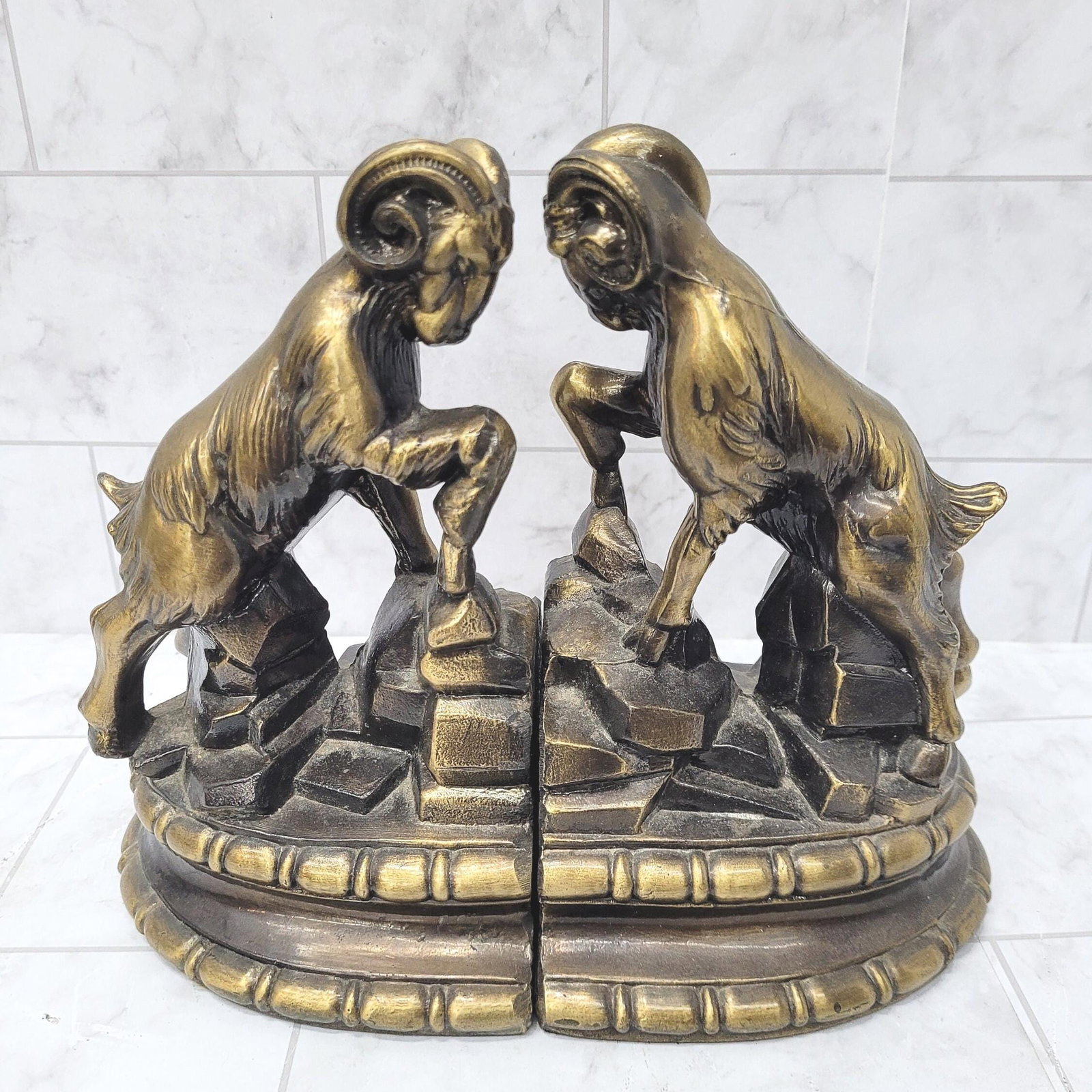 1974 Gold Ram Bookends 1974 Metal Gilt Pair Hollywood Regency Library Office Decor Aries Park - 5