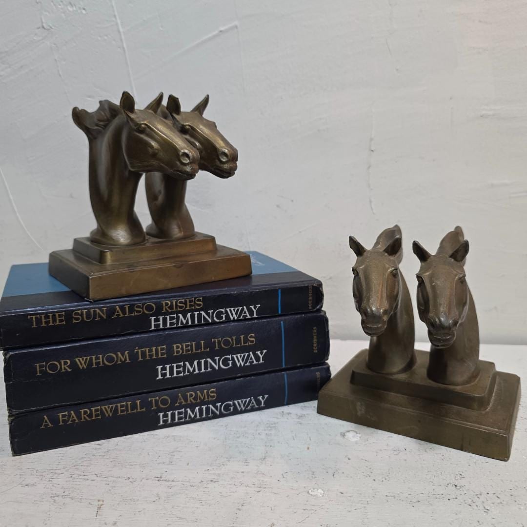 Vintage Brass Horse Head Bookends Southwestern Old West Decor Art Deco Set - 12