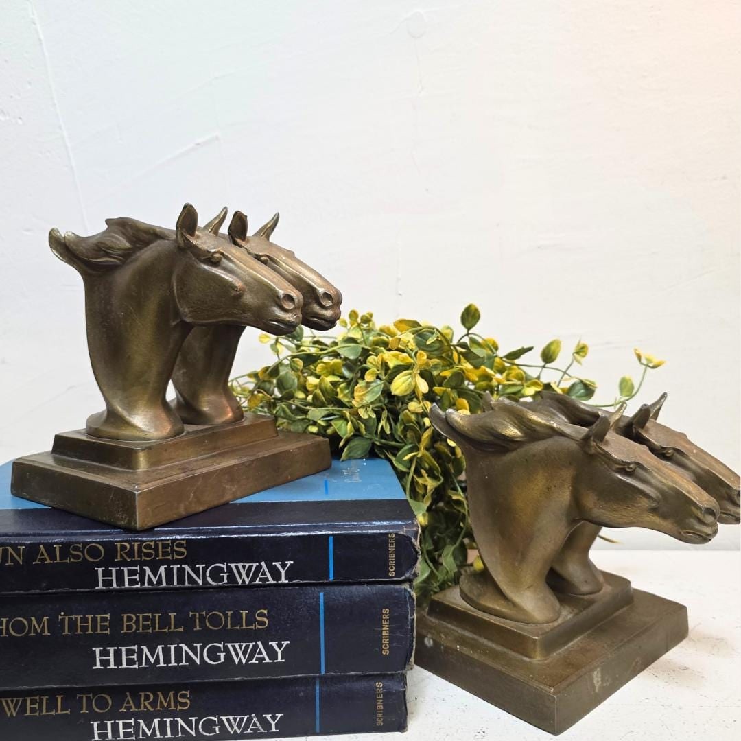 Vintage Brass Horse Head Bookends Southwestern Old West Decor Art Deco Set - 2