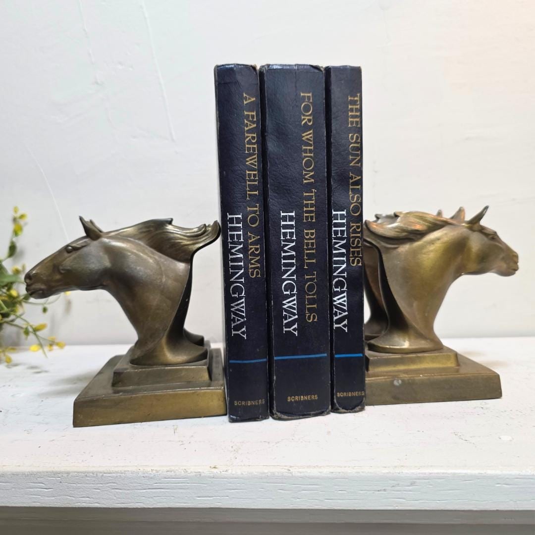 Vintage Brass Horse Head Bookends Southwestern Old West Decor Art Deco Set - 6