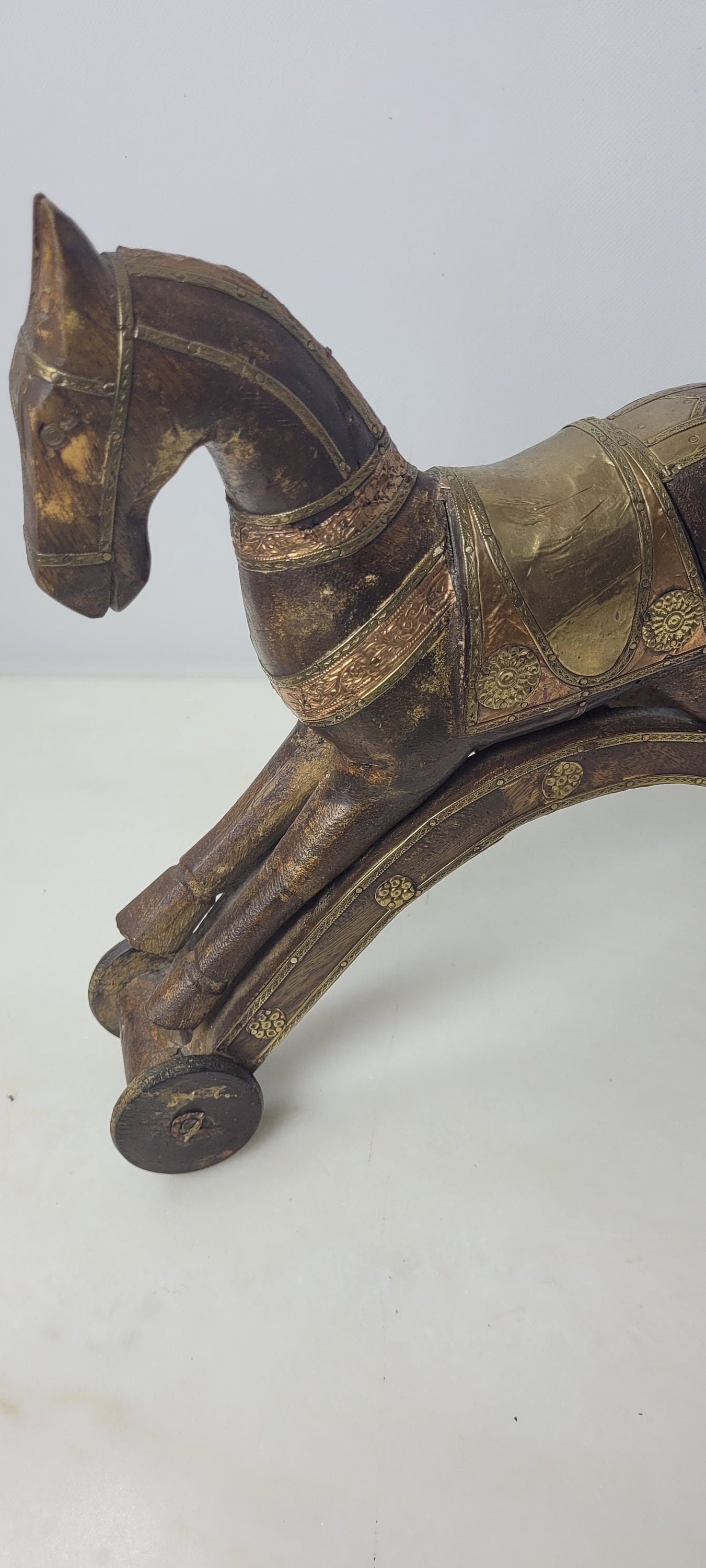 Antique Wooden Toy Horse, Brass Copper Inlay, c1900 Folk Art Decor - 11