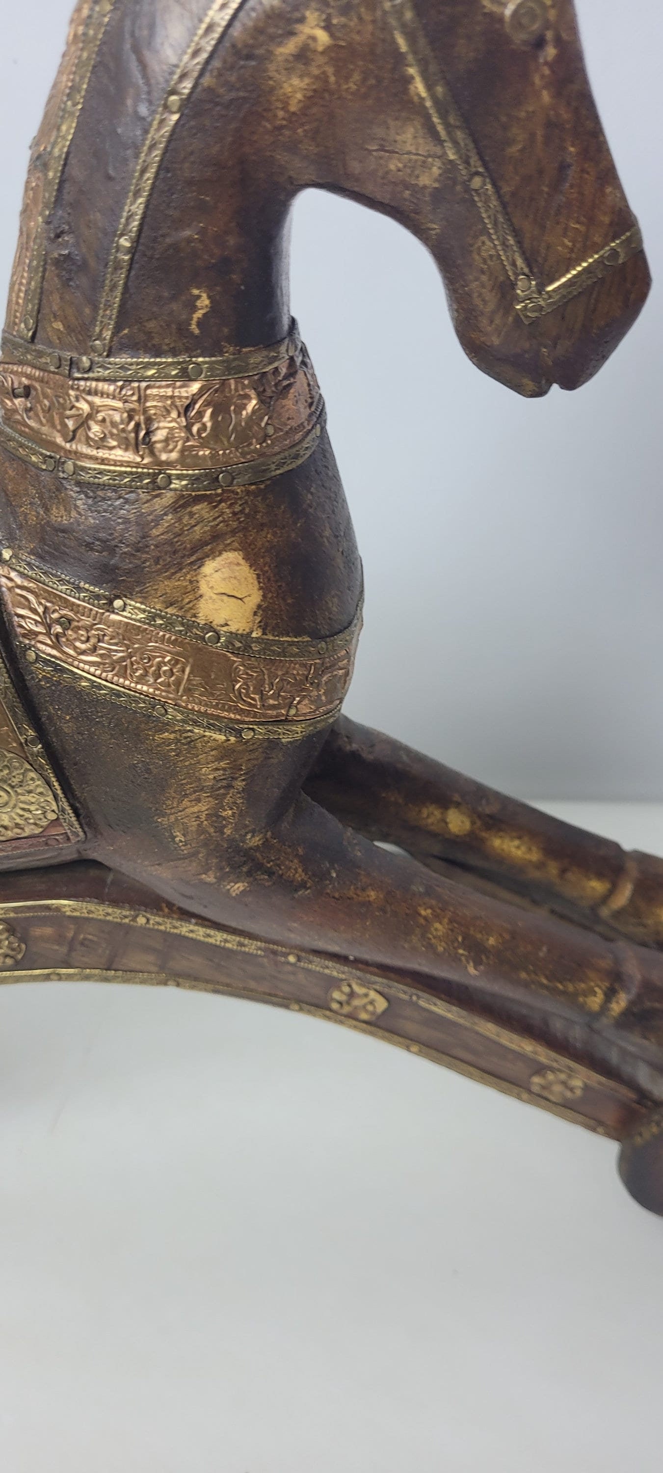 Antique Wooden Toy Horse, Brass Copper Inlay, c1900 Folk Art Decor - 12