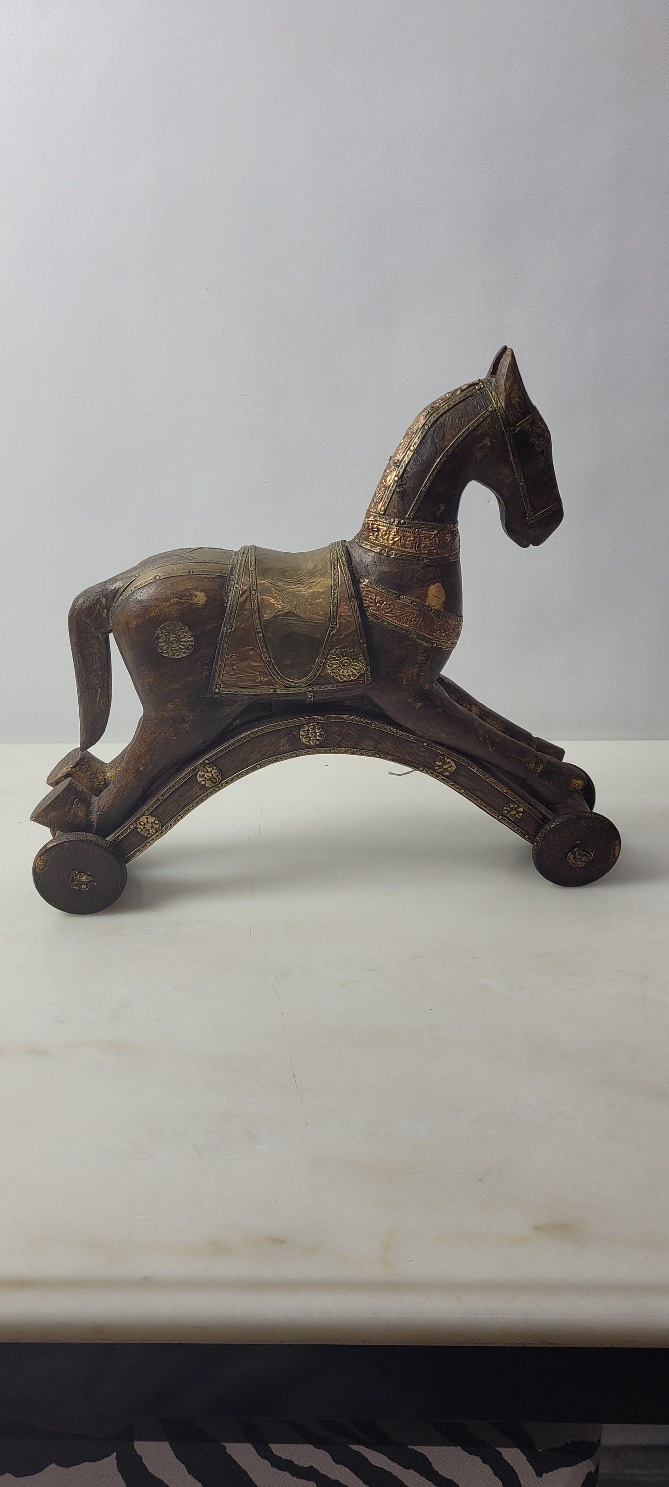 Antique Wooden Toy Horse, Brass Copper Inlay, c1900 Folk Art Decor - 13
