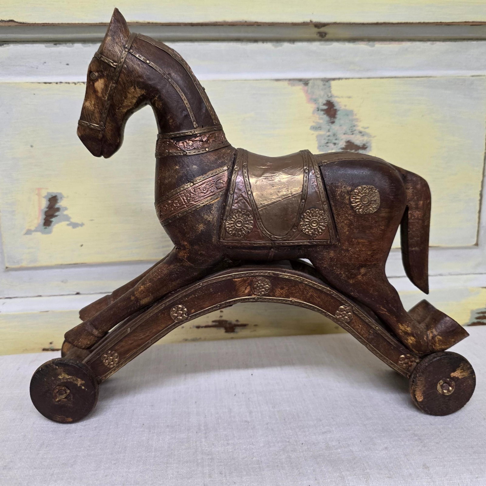 Antique Wooden Toy Horse, Brass Copper Inlay, c1900 Folk Art Decor - 14