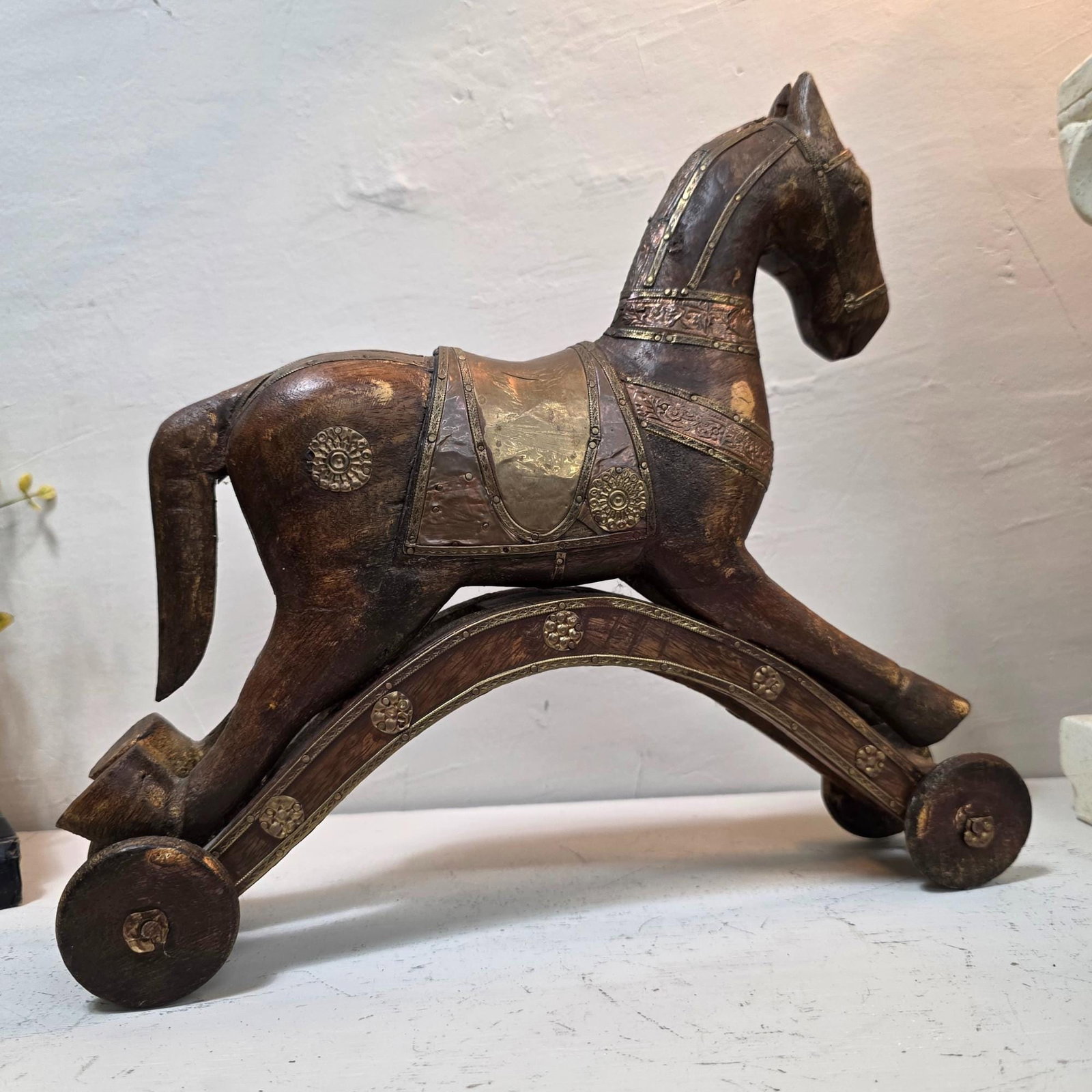 Antique Wooden Toy Horse, Brass Copper Inlay, c1900 Folk Art Decor - 17