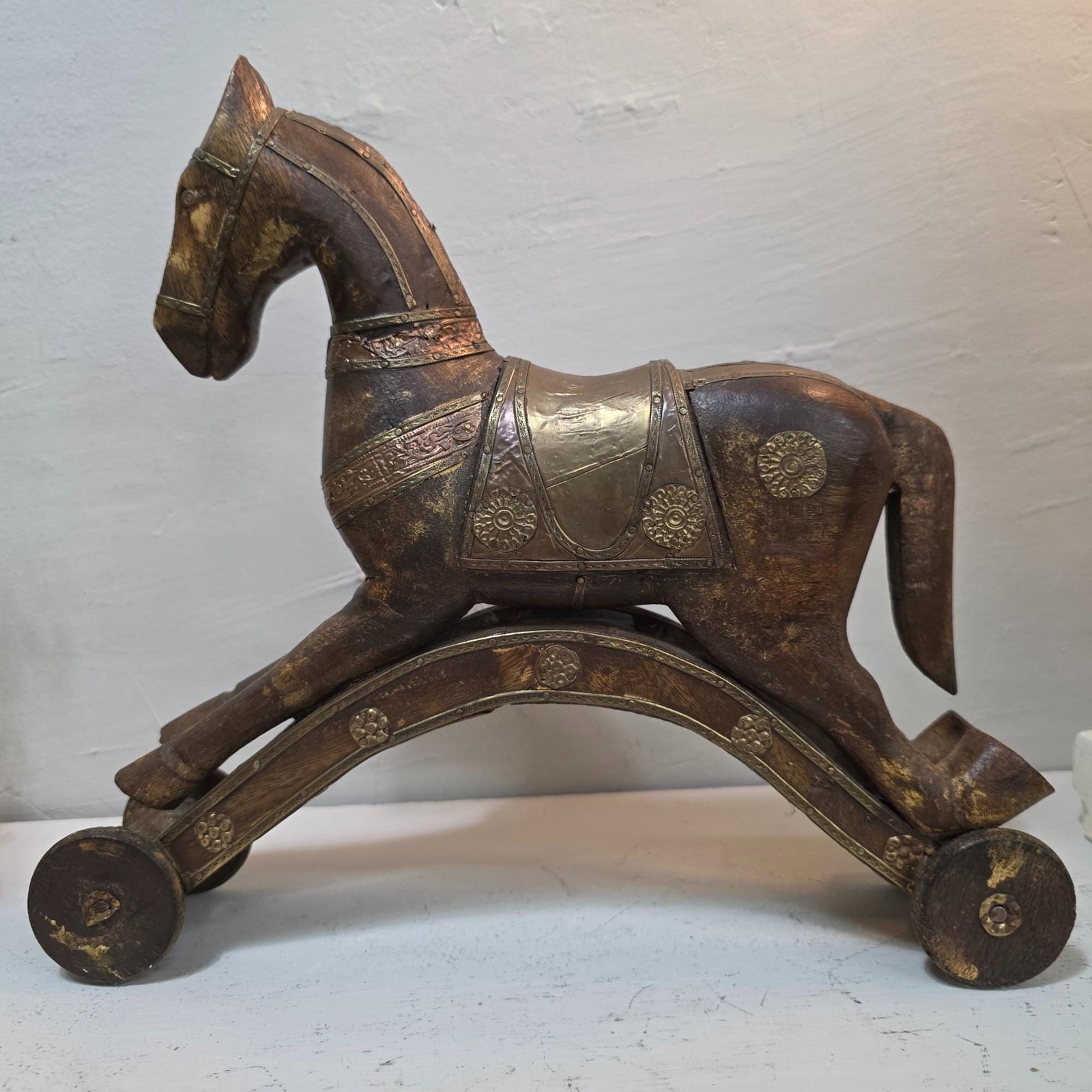 Antique Wooden Toy Horse, Brass Copper Inlay, c1900 Folk Art Decor - 18