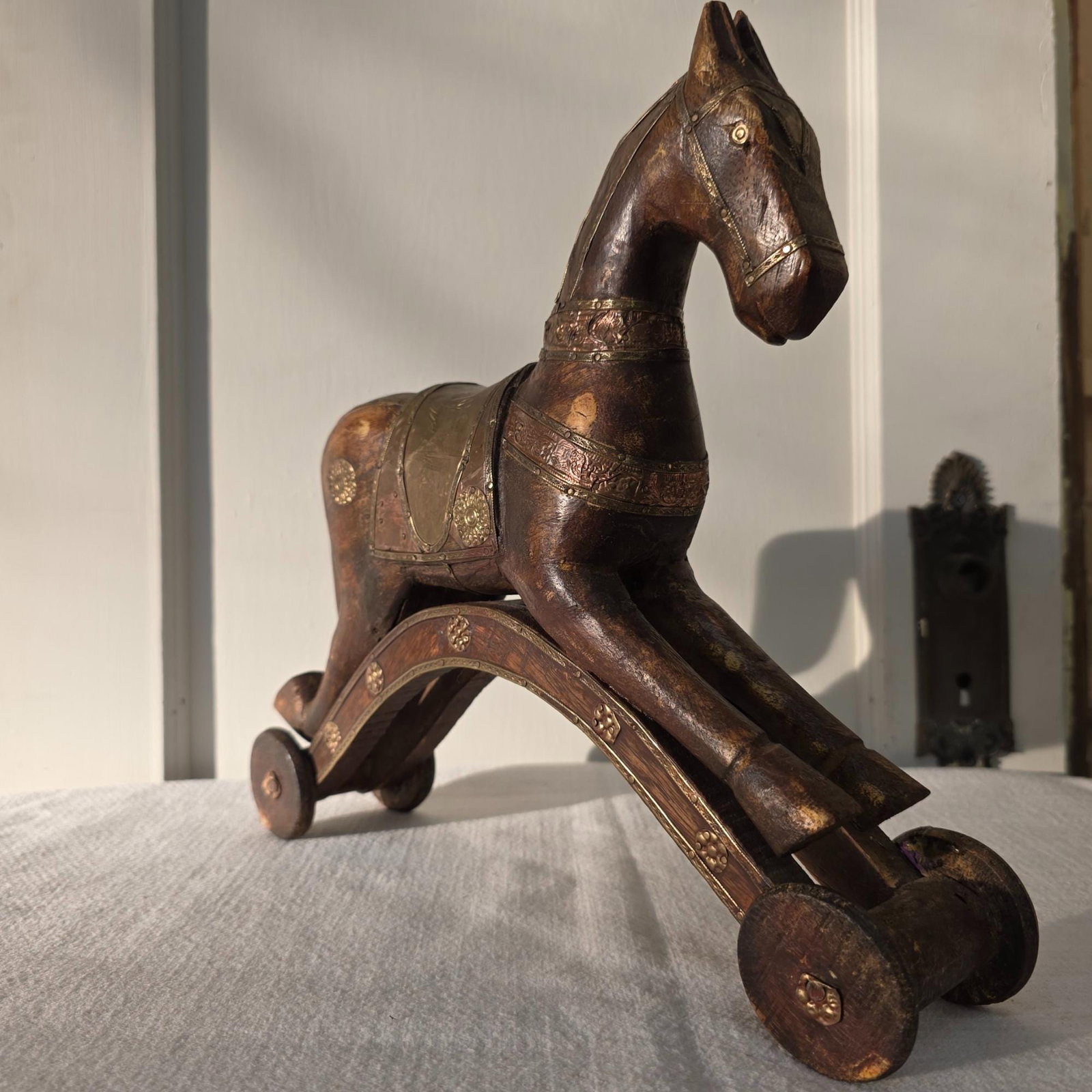 Antique Wooden Toy Horse, Brass Copper Inlay, c1900 Folk Art Decor: Antique wooden toy horse on wheels with brass/copper inlay—now a perfect primitive folk art accent for shelves, nurseries, and farmhouse décor. Free shipping. measures 12.5"W x 12"H x 3"E