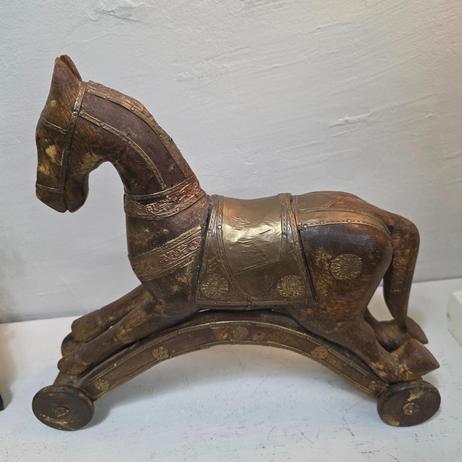 Antique Wooden Toy Horse, Brass Copper Inlay, c1900 Folk Art Decor - 2