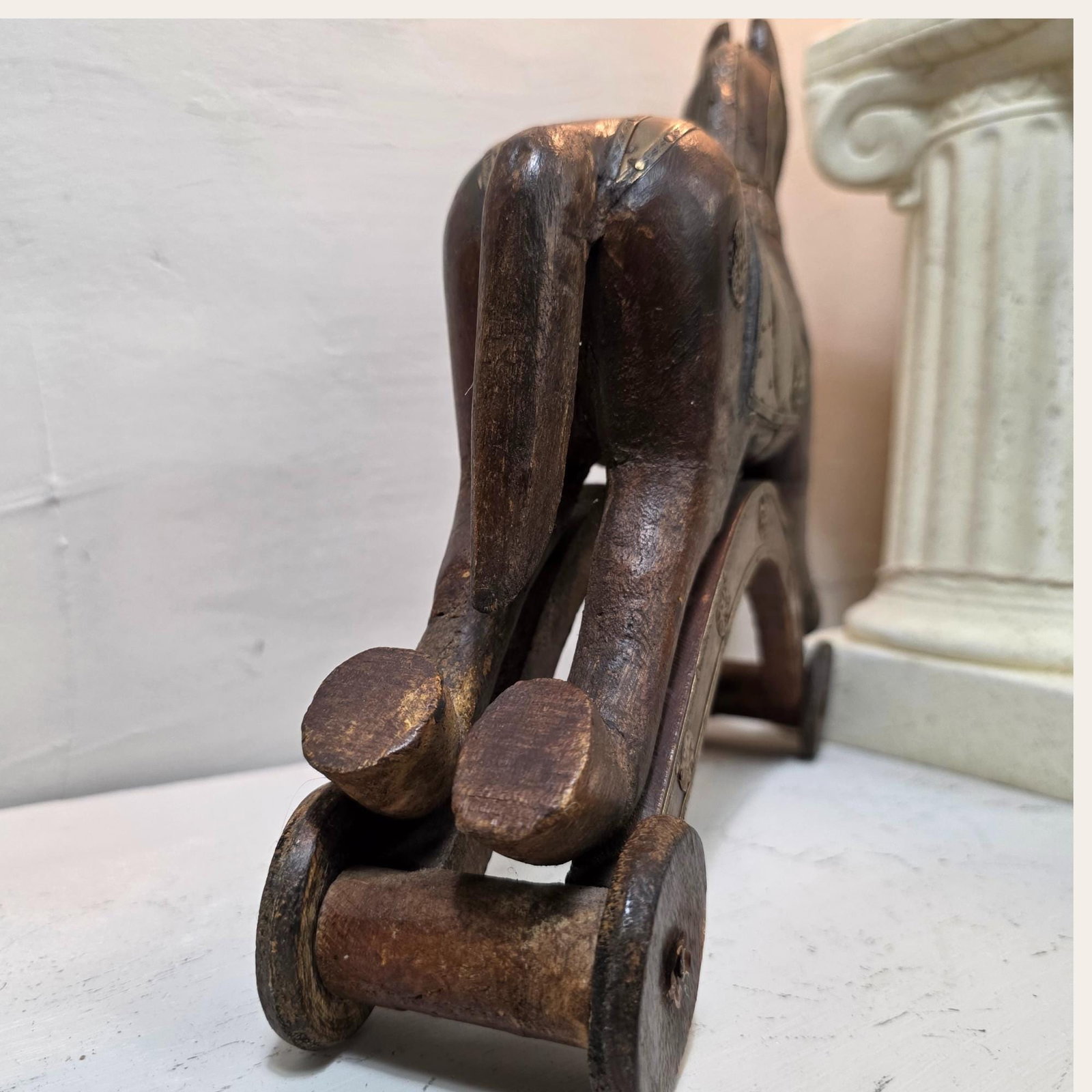 Antique Wooden Toy Horse, Brass Copper Inlay, c1900 Folk Art Decor - 5