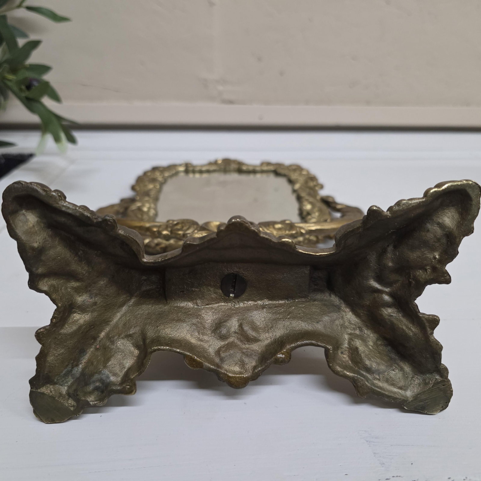 Victorian Rococo Revival Cast Brass Vanity Mirror, Ornate Floral Frame, Hollywood Regency Decor - 16