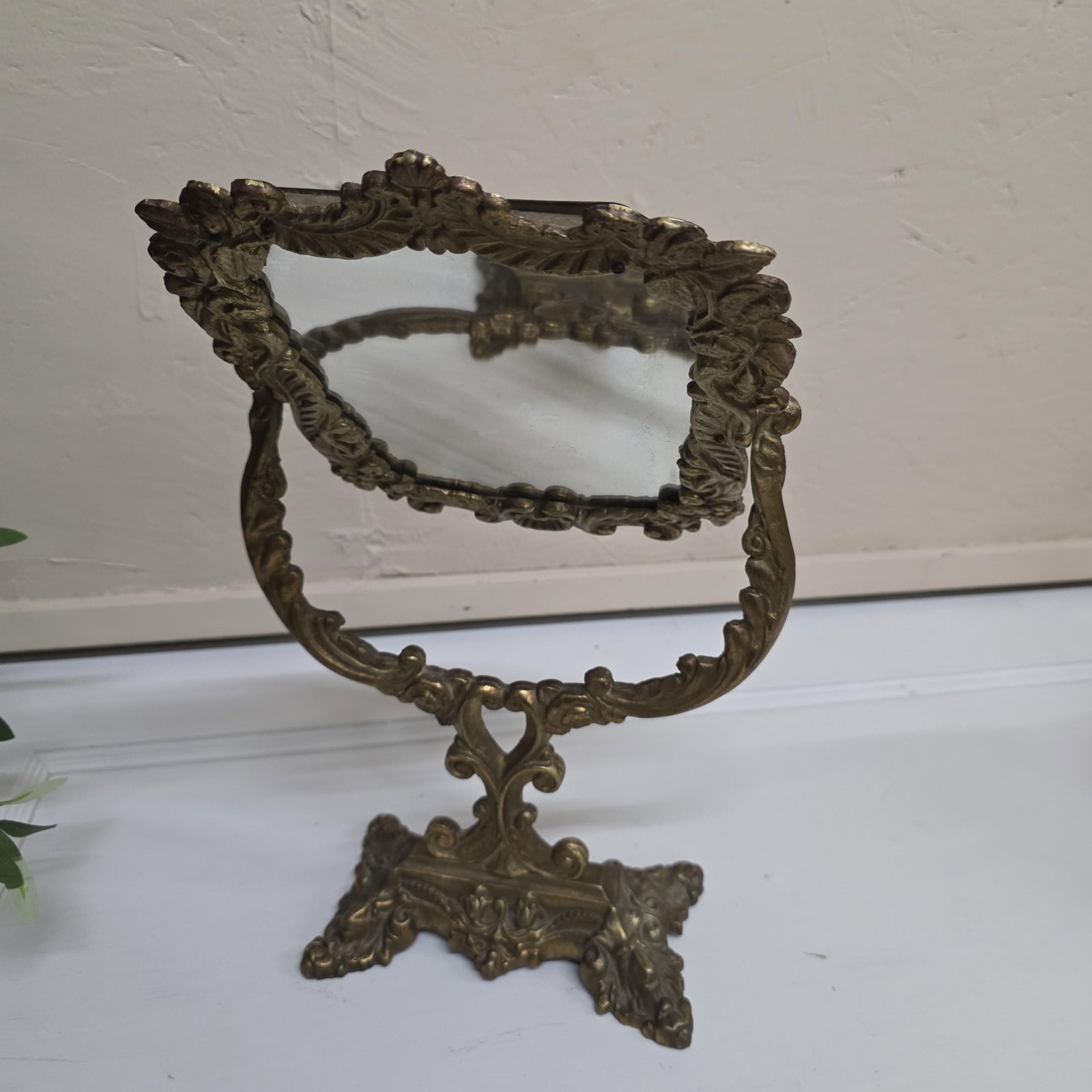 Victorian Rococo Revival Cast Brass Vanity Mirror, Ornate Floral Frame, Hollywood Regency Decor - 17