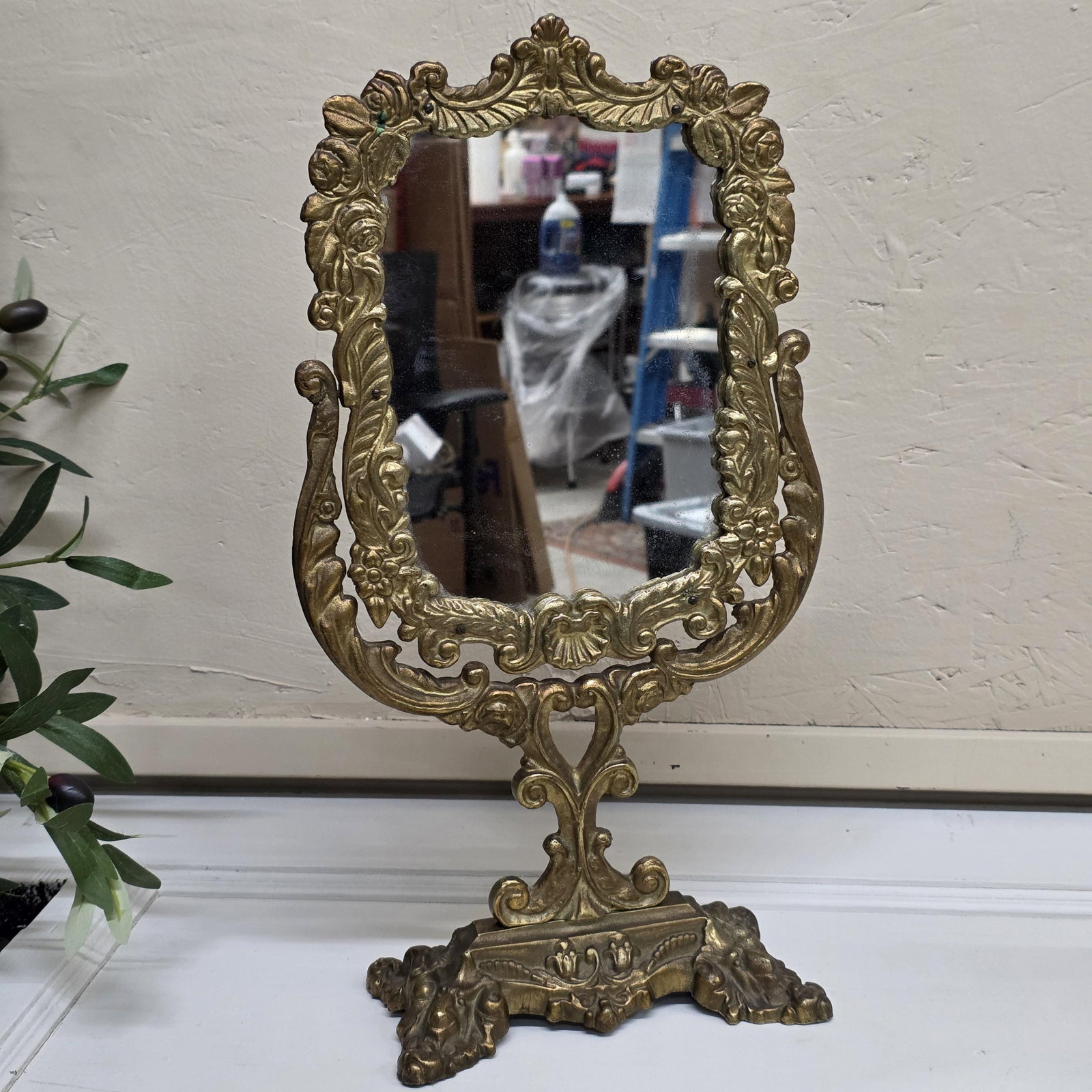 Victorian Rococo Revival Cast Brass Vanity Mirror, Ornate Floral Frame, Hollywood Regency Decor - 6