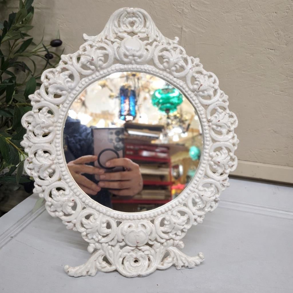 Vintage BMIC Cast Iron Rococo Vanity Mirror, White Enamel Scrollwork Frame - 10