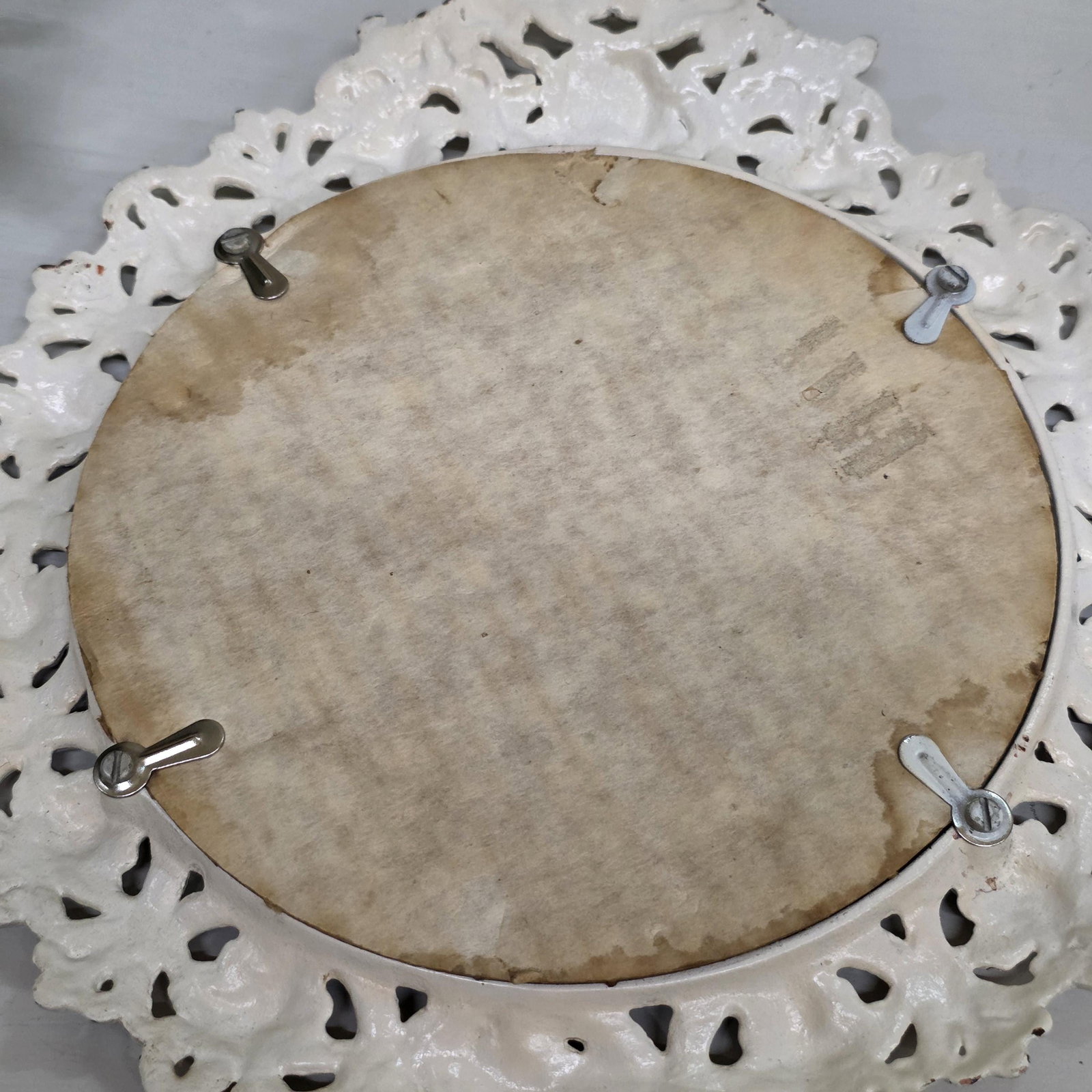 Vintage BMIC Cast Iron Rococo Vanity Mirror, White Enamel Scrollwork Frame - 11