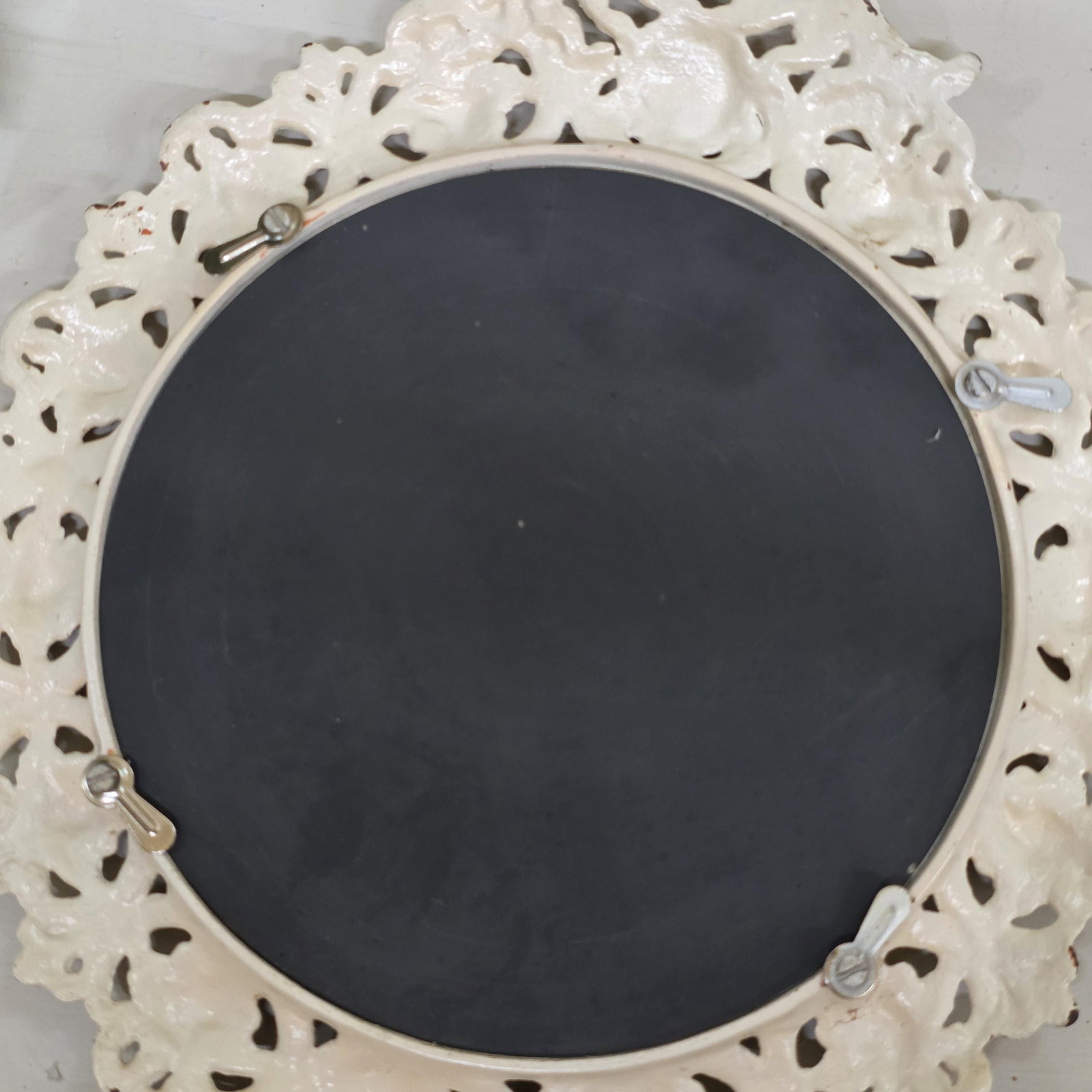 Vintage BMIC Cast Iron Rococo Vanity Mirror, White Enamel Scrollwork Frame - 12