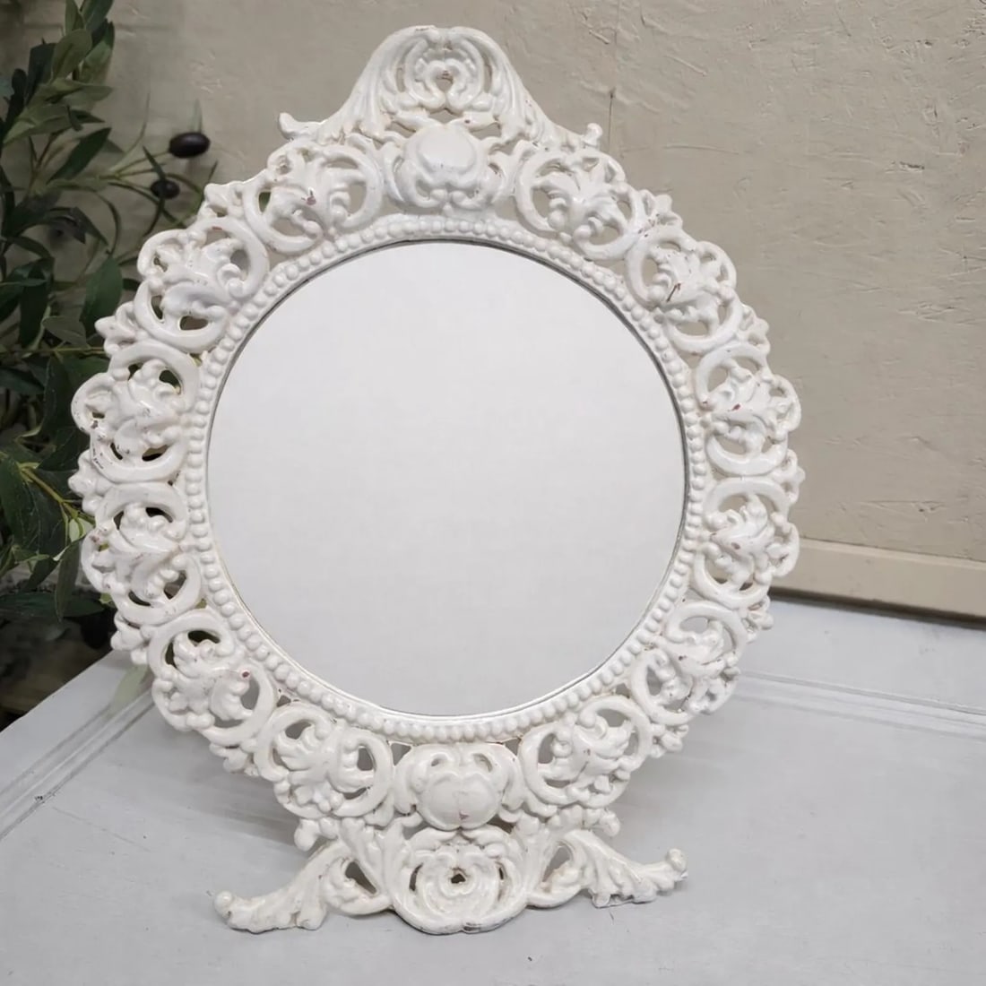 Vintage BMIC Cast Iron Rococo Vanity Mirror, White Enamel Scrollwork Frame: Vintage BMIC cast iron rococo tabletop vanity mirror (14” x 11.5”, 4.5” deep) with original white enamel finish—sturdy, display-ready, and ships free. Vintage BMIC marked tabletop 