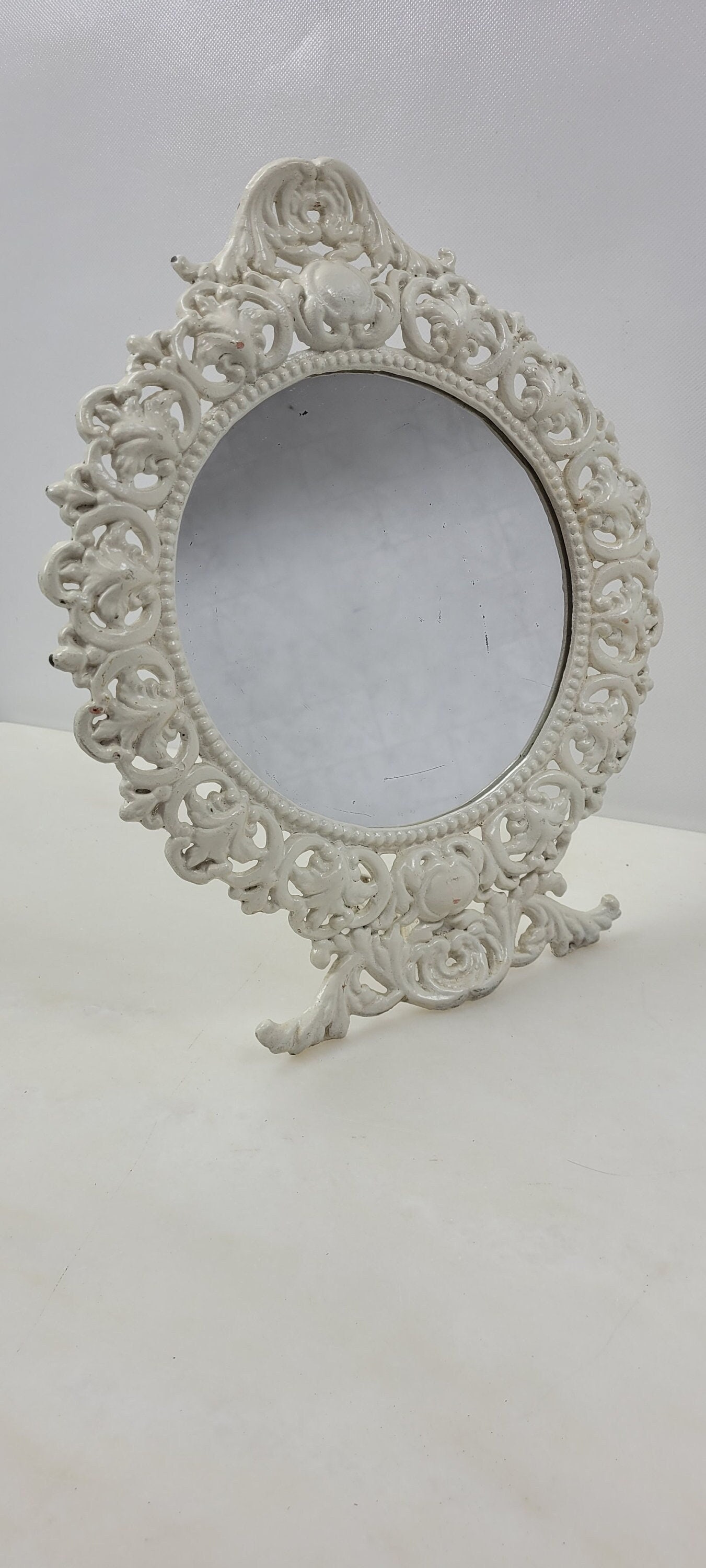 Vintage BMIC Cast Iron Rococo Vanity Mirror, White Enamel Scrollwork Frame - 3