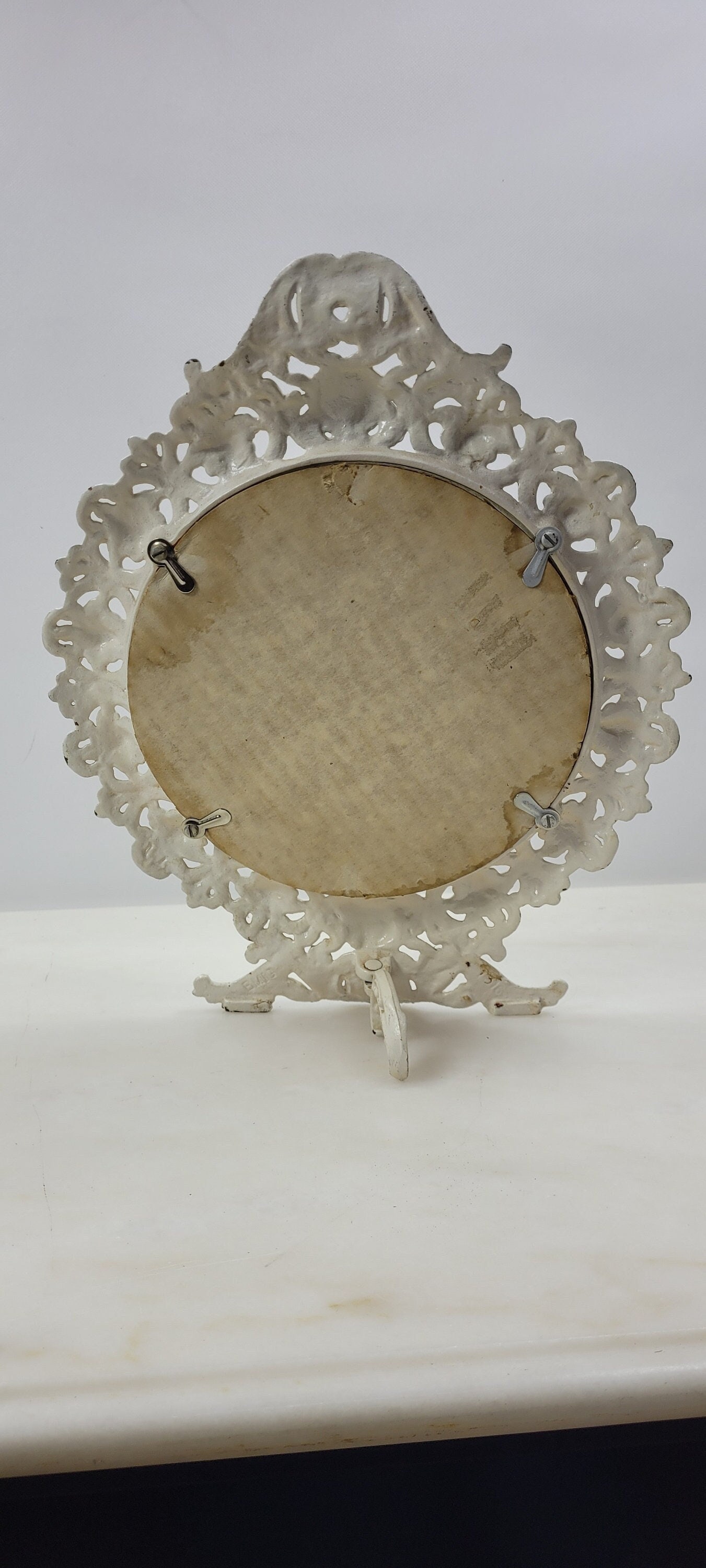 Vintage BMIC Cast Iron Rococo Vanity Mirror, White Enamel Scrollwork Frame - 4