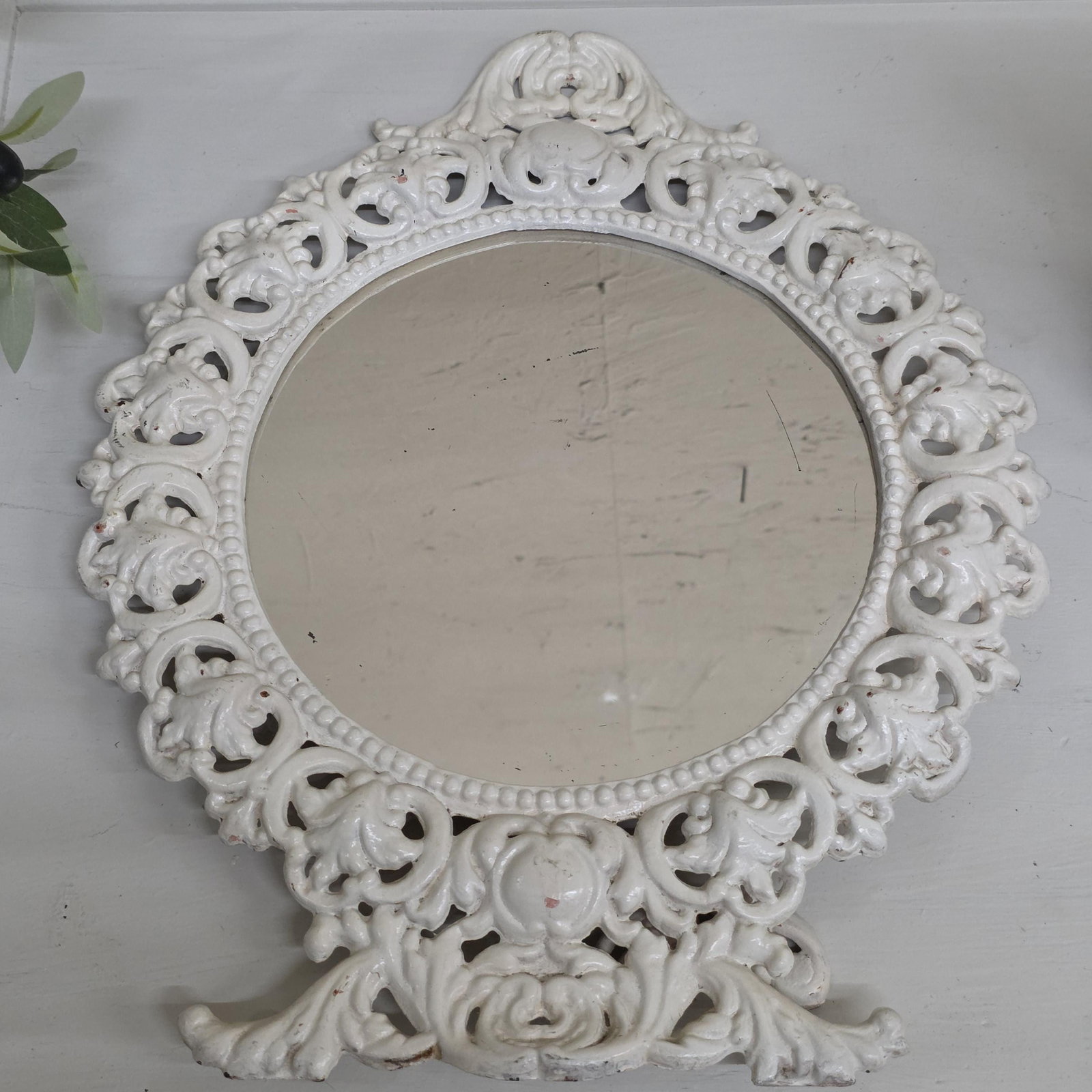 Vintage BMIC Cast Iron Rococo Vanity Mirror, White Enamel Scrollwork Frame - 6